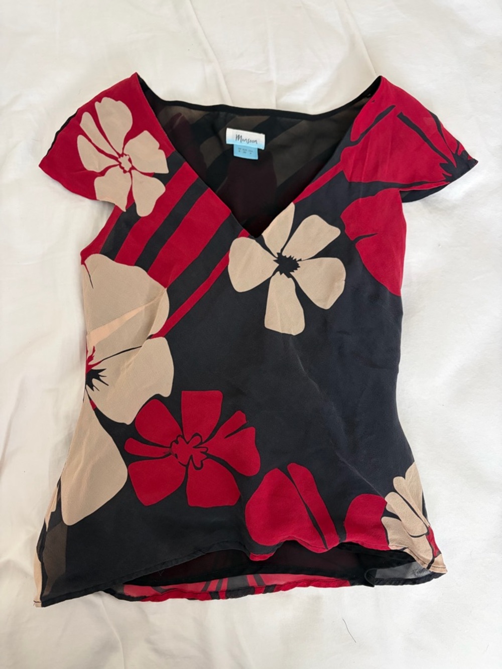 Monsoon V-neck Black Top with Red and Beige Floral Accents - Picture 3 of 3